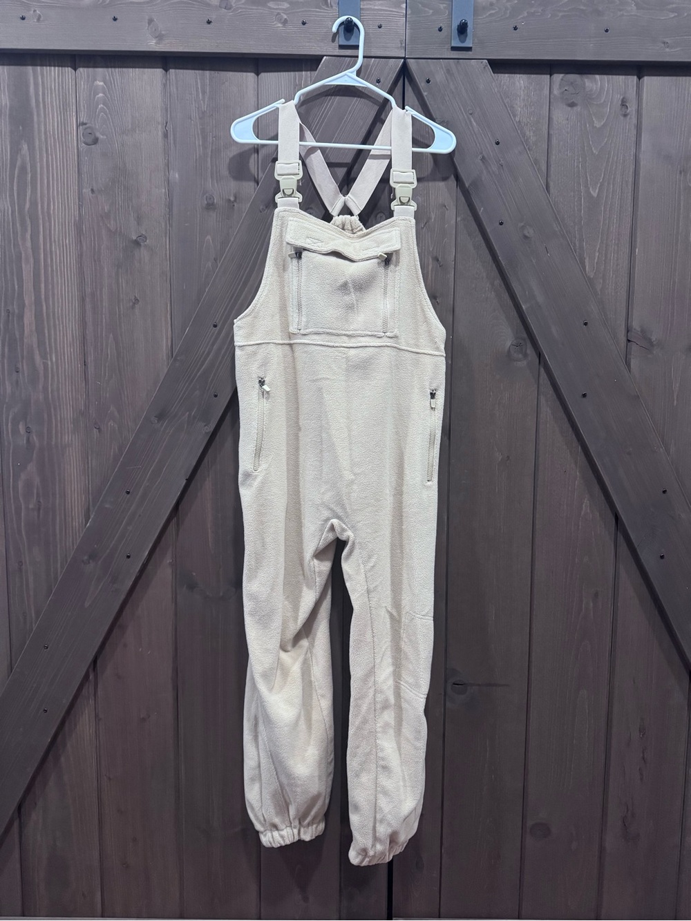 Women's tan Cream Fleece Overalls Jumpsuit